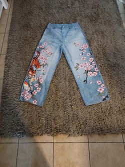 Denim floral tiger design baggy jeans