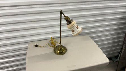 Vintage Brass Desk Lamp with Floral Glass Shade