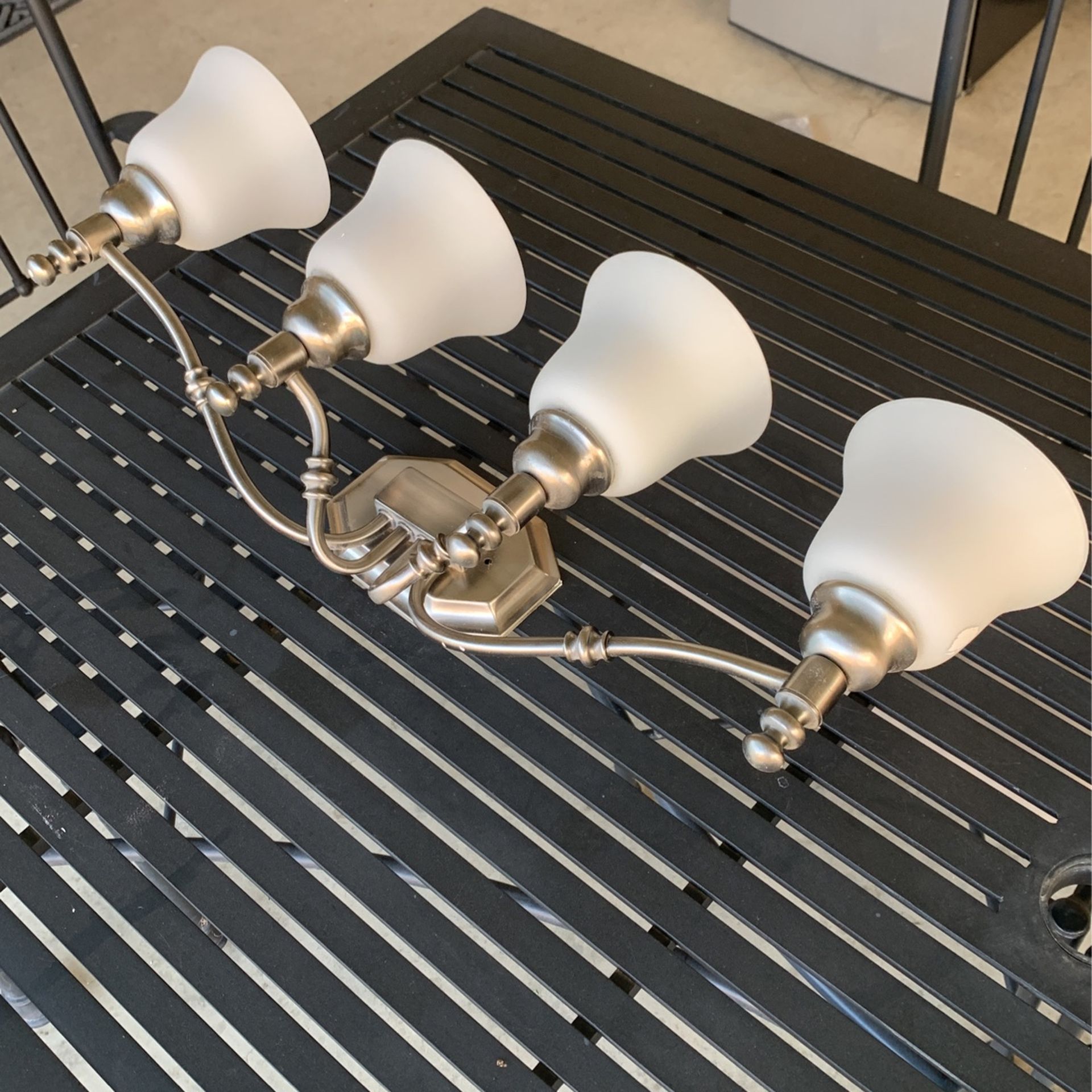 Brushed Nickel Finish Bathroom Light Fixture Alabaster Glass Bells