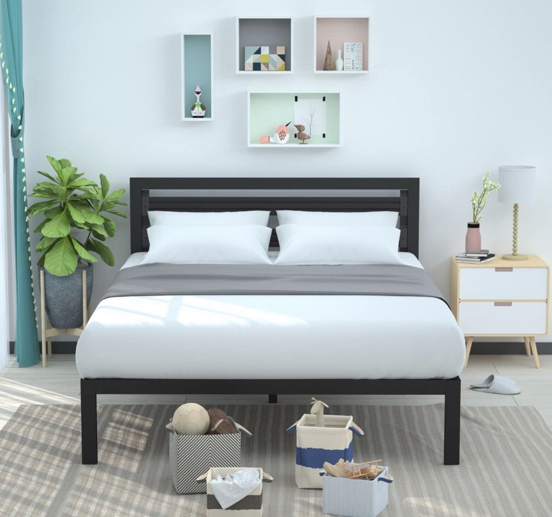 King Bed Frame Only- Amazon Basics Metal Bed with Modern Industrial Design Headboard - 14 Inch Height for Under-Bed Storage - Wood Slats - Easy Assemb