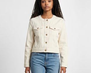 NEW Michael Kors Collarless Denim Jacket women’s LARGE Cropped Ivory Button Up NWT