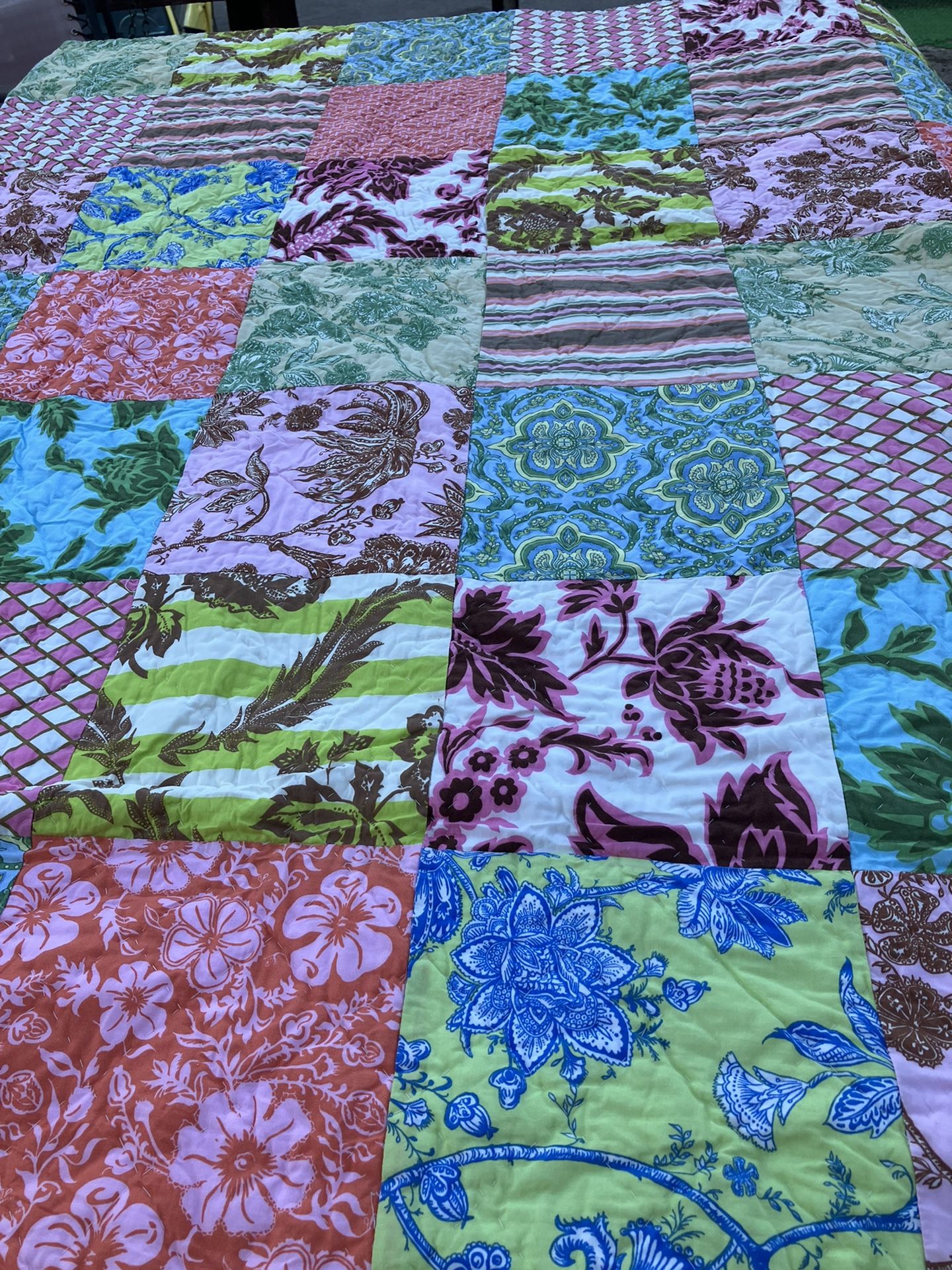KING Size Nobility Dillards 8” Squares Hand Stitched Quilt. Multi-colored Patterns And Designs