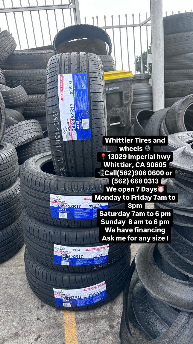 SET OF NEW TIRES, 245/45R17 ATLANDER 99W XL, INCLUDING MOUNTING AND BALANCING. ASK ME FOR ANY SIZE OR BRAND, LLANTAS NUEVAS
