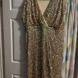 Xpluswear Design Plus Size Formal Gold V Neck Split Sequin Maxi Dresses