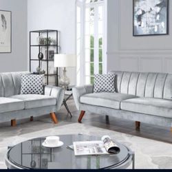 ✅️✅️2 pc light grey velvet fabric mid century modern sofa and love seat set Langley street wooten✅️✅️✅️