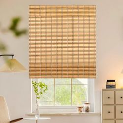 Set of 2 Cordless Bamboo Roman Shades, Natural Bamboo Lift Up Blinds 72"x72"