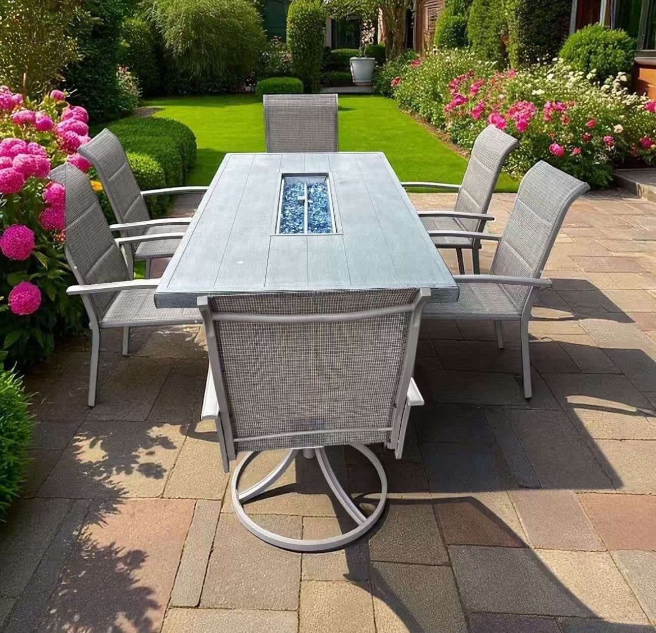 The Isla 7 Piece Propane Fire Pit Dining Table Set will make your backyard a cozy and stylish retreat! This high quality gas fire pit patio dining set