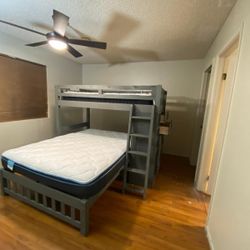 Gray L-shaped Bunk Bed W Top And Bottom Mattresses 