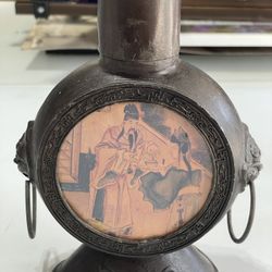 Chinese Asian Tooled Ornate Round Metal Tea Caddy Flask Lion Head Handles