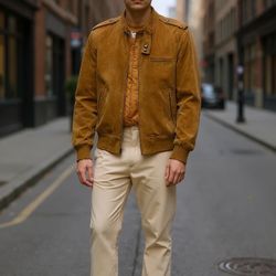 Men Genuine Leather Suede Bomber Jacket Tan 