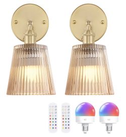 Shenmoyl Vintage Battery Operated Wall Sconce with Amber Stripe Glass Lampshade Rechargeable Battery Powered Wall Light with Remote Control for Bedsid