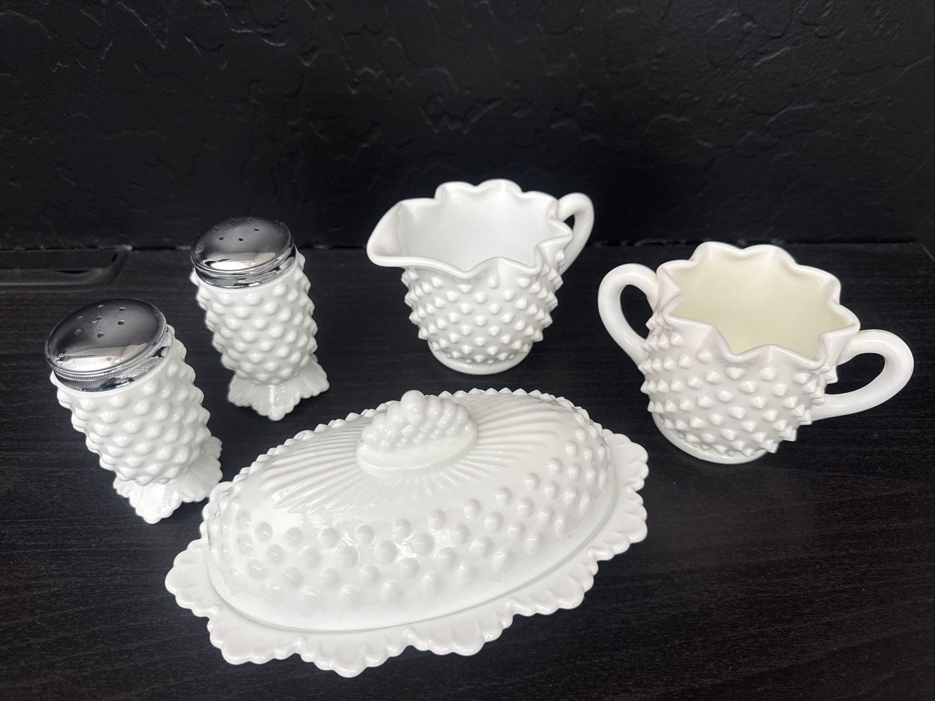 Vintage Fenton Hobnail Milk Glass 5-Piece Set - Marked - 1970s