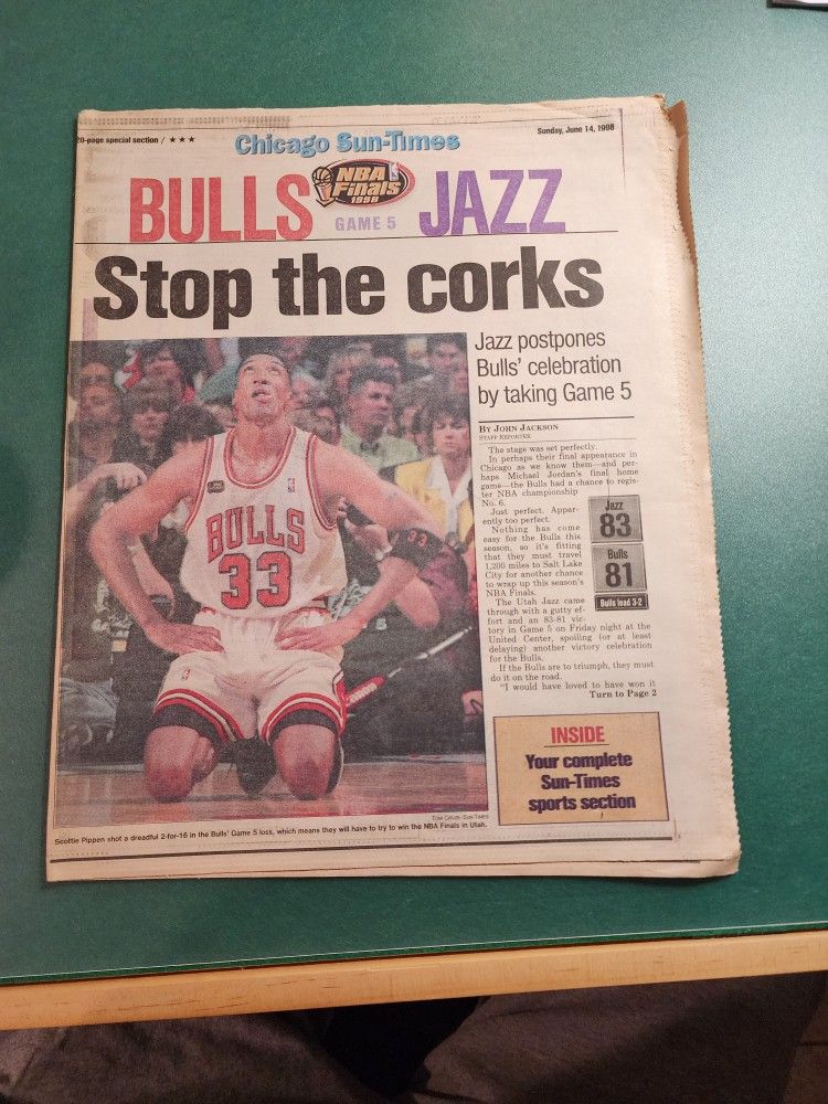 Chicago Sun-Times Bulls vs Jazz game 5 June 14 1998 stop the Corks