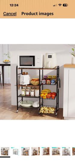 Rolling Kitchen Microwave Cart - 4 Tier Microwave Table Stand with Pull-Out Baskets, Coffee Bar Baker's Rack with Wheels Rolling Storage Cart Organize