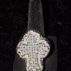 Fully Iced Out, Silver Moissanite Cross Ring ( For Pinky) Passes Dimond Test!