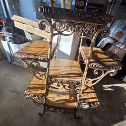 Wrought Iron And Carved Wood Tiered Shelf