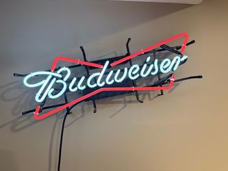 Bar items, Budweiser neon sign, German steins, beer tin tackers, bar clock, beer draft (mini keg) pour system