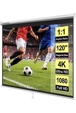 VIVOHOME 120 Inch 1:1 Pull Down Projector Screen, White Manual Retractable 4K Projection Screen for Home Theater, Roll Up ALR Movie Screen
