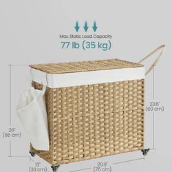 SONGMICS 42.3 Gallons (160 L) Rolling Laundry Basket w/ Wheels 3-Section Synthetic Rattan Removable Liner - Natural