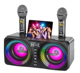 Karaoke Machine for Adults Kids with 2 Wireless Microphones, Portable Bluetooth Speaker with 9 Modes Dynamic LED Lights, Karaoke Speaker with PA Syste