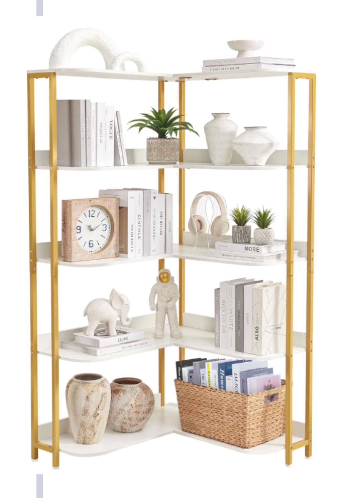 White L-Shaped Bookshelf, Modern Corner Bookshelf 5-Shelf Corner Bookcase for Display CDs Movies wit