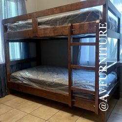 Solid Wood Twin Twin Bunk Bed And 2 Mattresses 
