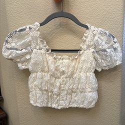 ZARA Girls Kids Ivory Floral Lace Short Sleeve Puff Sleeve Top Size 10Y
