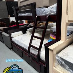 Triple Twin Full Cherry Bunk Bed Mattress Trundle