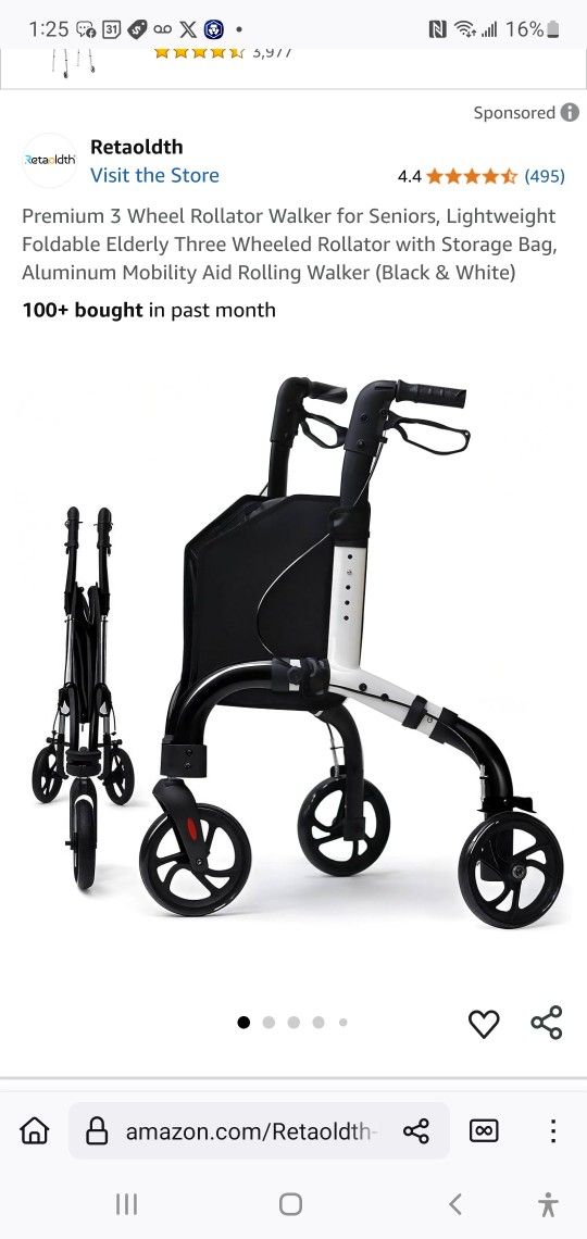 Premium 3 Wheel Rollator Walker for Seniors, Lightweight Foldable Elderly Three Wheeled Rollator with Storage Bag, Aluminum Mobility Aid Rolling Walke
