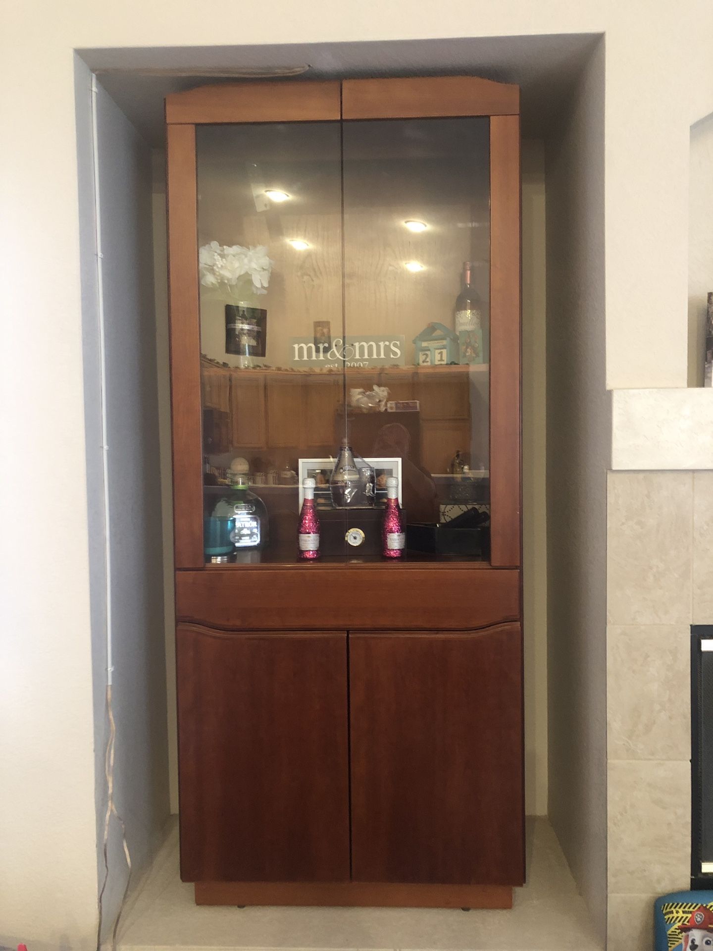 Wood hutch with storage, drawer and glass cabinet