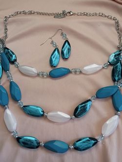 Teal and White Beaded Necklace and Earring Set
