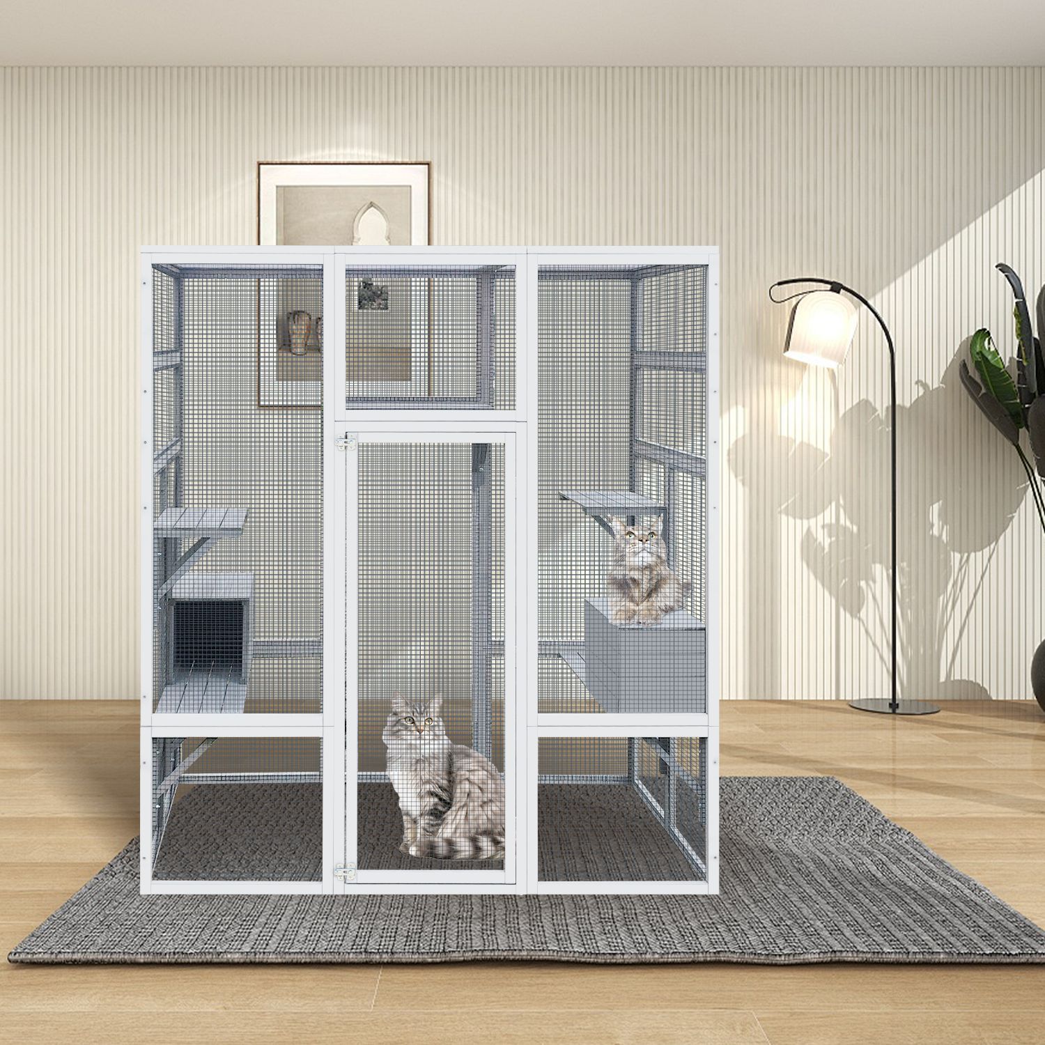 62.6" Outdoor Wooden Cat House Large Catio, Solid Wood Cat Cage Shelter Enclosure Playpen with Anti-UV& Waterproof, 7 Platforms and 2 Resting Boxes 