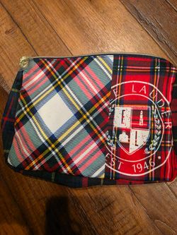 New Estee Lauder Red Plaid Tartan Cosmetic / Makeup Bag 8x6x1.75”