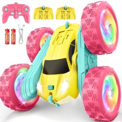 Remote Control Car, RC Cars for Girls, Double-Sided 4WD Stunt Car with RGB Lights & 360° Flips, USB-C Modular Batteries, Toys for Ages 5–7, Birthday G