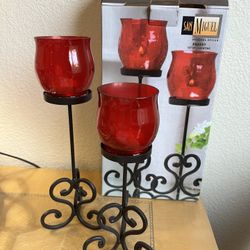 Rustic Iron Votive Holders w/ Red Crackle Glasses-NEW
