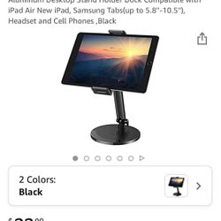 Tablet Stand Adjustable-360°Swivel iPad Stand/Aluminum Desktop Stand Holder Dock Compatible w/iPad Air New iPad, Samsung Tabs up to 5.8''-10.5''-Blk