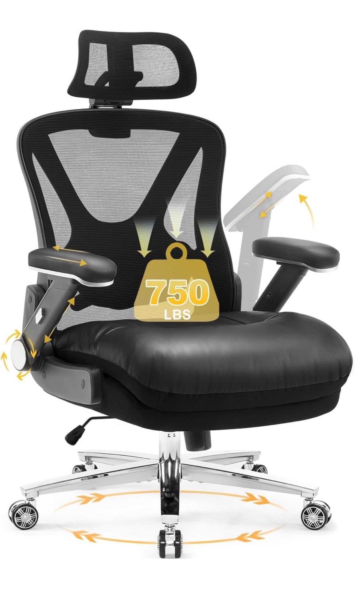 750lbs Big and Tall Office Chair,Heavy Duty Office Chair with 5D Flip Arms and Adjustable Lumbar Support, Ergonomic Mesh High Back Desk Chair, Ergonom