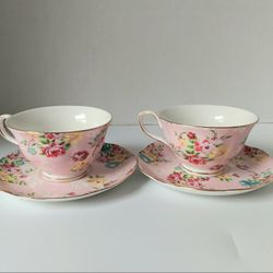 Gracie Tea Ware China Floral Rose & Pink Tea Cup And Saucer Serving For 2 