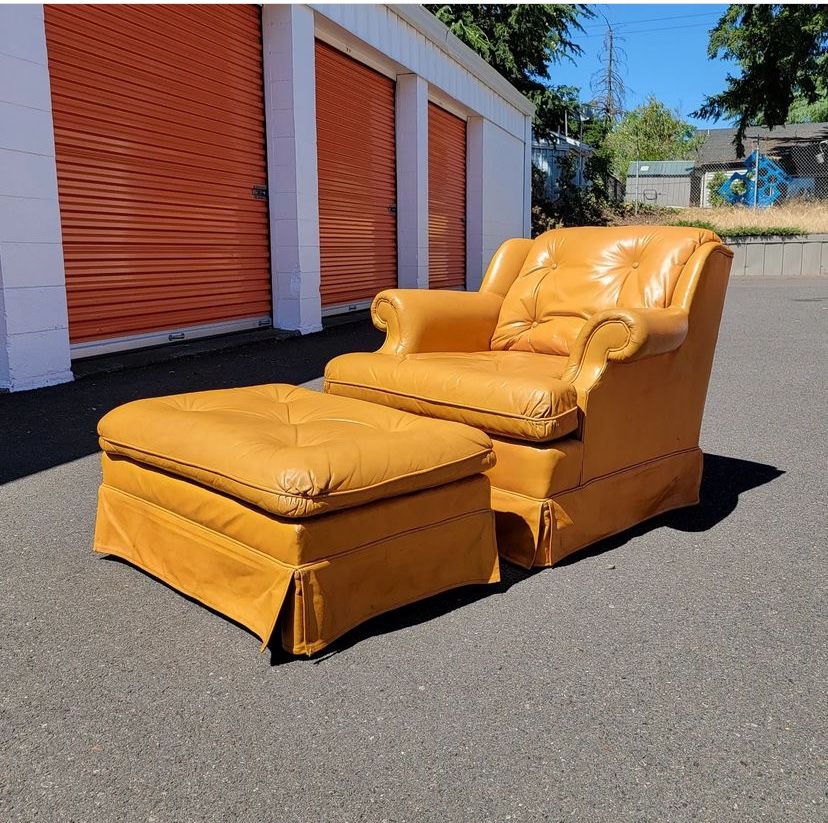 Antique Leather Chair with Footstool