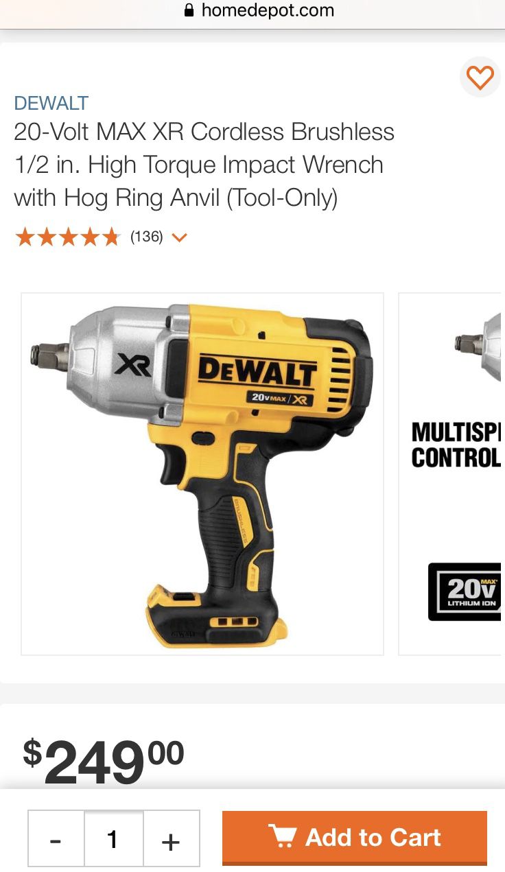 1/2 inch cordless impact wrench has up to 700 ft-lbs of max torque and 1200 ft-lbs of max breakaway torque DEWALT 1/2 inch impact wrench has a compact