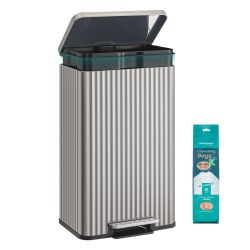 Trash Can, 13 Gallon (50 L) Garbage Can for Kitchen, with Lid, Pedal, and Removable Inner Bucket, Soft Close, Stainless Steel, 15 Trash Bags (Code K) 