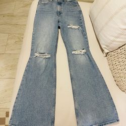 Women’s Levi's Premium 70's High Rise Flare Leg Blue Distressed Denim Medium Wash Jeans Size 26