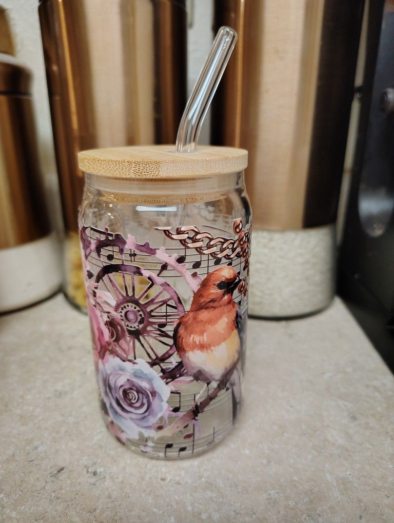 $15 Glass Cup With Class Straw And Bamboo Lid 