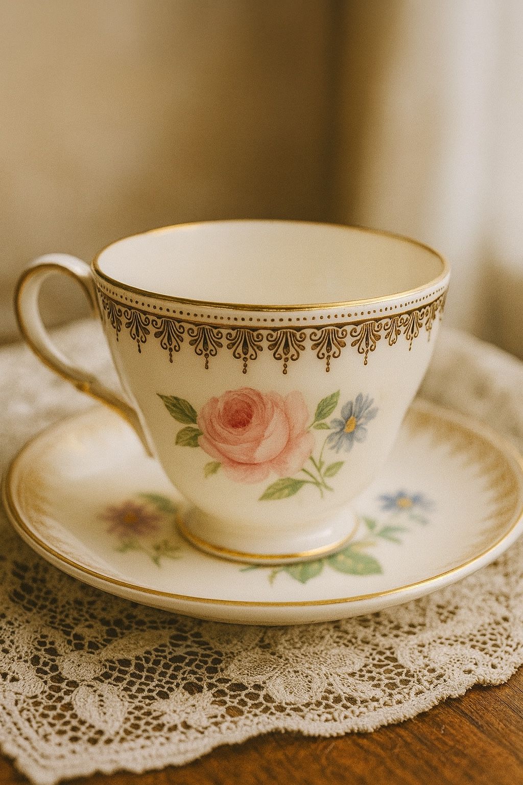 Duchess England 1950s Blooming Garden Rose & Gold Cup & Saucer