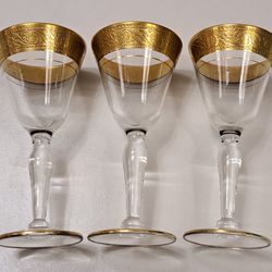 3 Tiffin Franciscan 1950s Claret Wine Glasses Rambler Rose Gold Rimmed Stemware