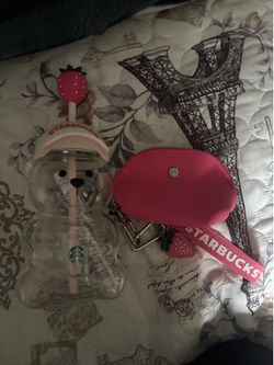 Starbucks Bearista cup and Strawberry Pink Keychain Pouch