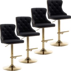 Gold Velvet Bar Stools Set of 4, Swivel Counter Height Bar Stools with Nailheads Trim and Button, Adjustable Barstools for Kitchen Island, Pub, Club (