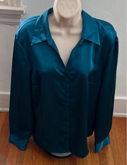 NWT JM Collection sea blue teal satin button up blouse, size 16 plus