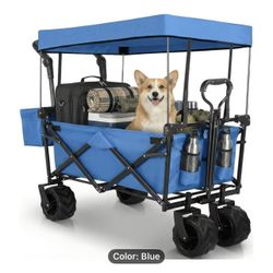 Large Foldable Outdoor Utility wagon,, with basket, pushing rod and canopy. Plastic wheels.