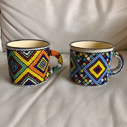 Hand-Beaded Colorful Tin Mug Set of 2 Decor Holder